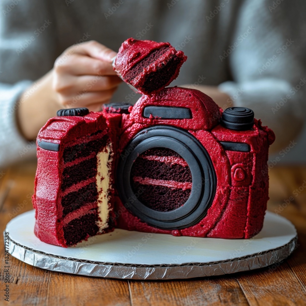 Aufkleber a red velvet cake in the shape of a reflex camera, with one slice pulled out and held up to reveal i