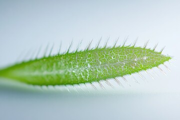 Naklejka premium Microscopic close-up of a vibrant green leaf, showcasing intricate details and tiny hairs.