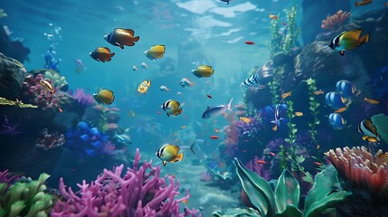A school of fish swimming through a coral reef, with vibrant sea life.

