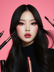 Beauty influencer vibes – Asian woman with trendy makeup and professional beauty tools