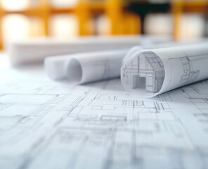 A detailed construction site model on top of blueprints, with cranes and building structures, representing the design process in architectural rendering.