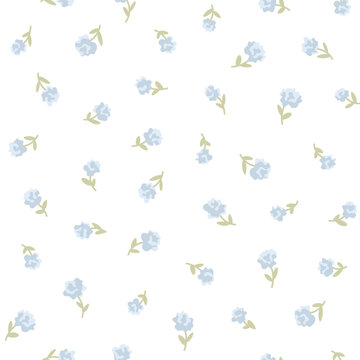 Cute tiny blue roses flowers branch of vintage ditsy style. Floral seamless pattern for textile design set, fashion femine fabric print, home decor graphic, spring vibe. Vector illustration
