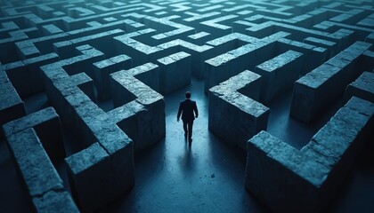 Rear view of businessman walking in stone maze. Difficult decision making, find way out of problems, complicated solution. Concept of business idea, creativity, finding unusual path to success.