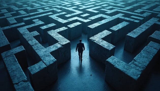 Rear view of businessman walking in stone maze. Difficult decision making, find way out of problems, complicated solution. Concept of business idea, creativity, finding unusual path to success.
