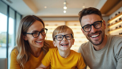 Happy family of three in optical store smiling, wearing new stylish glasses. Parents with son choose eyeglasses. Eye health checkup, vision care, optometry for kids and adults. Eyewear fashion.