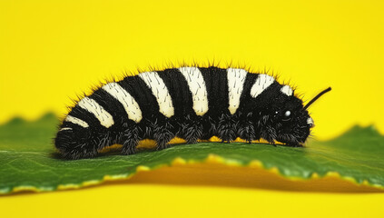 Naklejka premium Macro Shot of a Strikingly Patterned Caterpillar on Green Leaf
