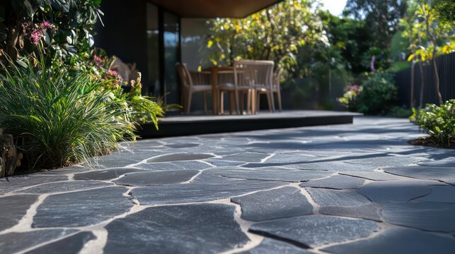 Close-up of Harkaway Bluestone crazy paving, showing the irregular shapes and textured surface of the natural stone. Ideal for landscaping, architectural, or design projects.