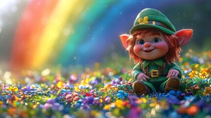 Fototapeta premium A leprechaun hiding behind a rainbow, waiting for St. Patricks Day festivities to begin