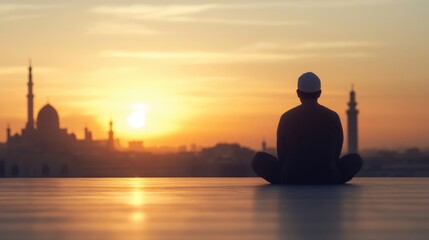 Man meditating at sunrise, cityscape background.