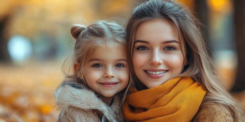 Mother and daughter share a joyful moment in a vibrant autumn park surrounded by fallen leaves during golden hour