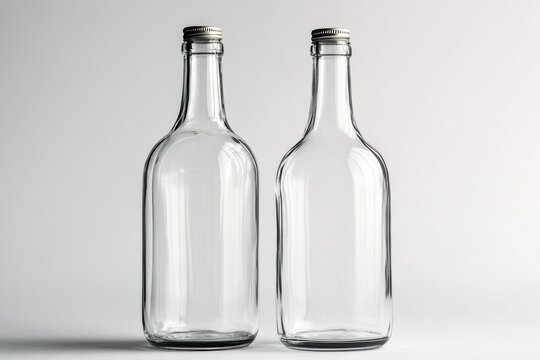Two empty clear glass bottles side by side on a neutral background with simple elegance