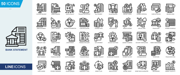 Bank statement icon collection set. Account Balance, Mobile Banking, Digital Wallet, Transaction History, Payment Approval, Card Activation icon. Simple line vector