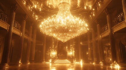 A grand ballroom with a large chandelier illuminated in gold light