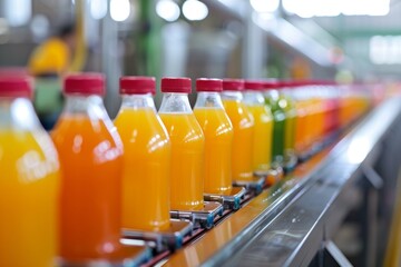 Bottles of Orange Juice on a Production Line