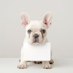 Cute White French Bulldog Puppy Holding a Blank Sign in Front of a Plain Background
