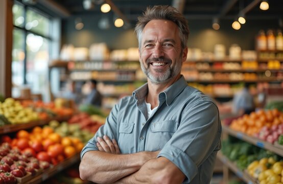 Smiling mature shopkeeper stands with crossed arms in well-stocked grocery store. Proud owner stands in shop. Supermarket business, sale concept. Satisfied man in market. Vegetables fruits assortment.