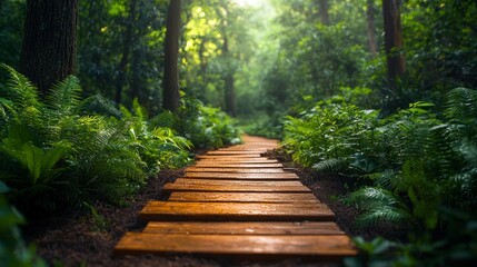 A lush green forest with a wooden pathway leading into nature
