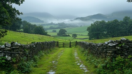 A lush green Irish countryside with rolling hills and stone fences on St. Patricks Day