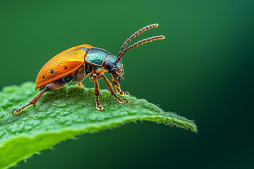 Naklejka premium Macro Shot of a Colorful Beetle on Green Leaf