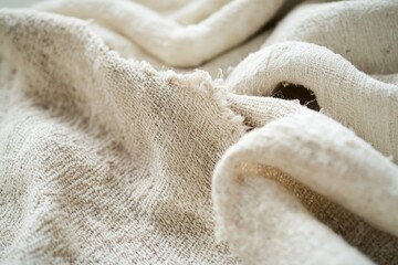 Close-up of textured, off-white fabric with frayed edges, showing its rough, natural weave.