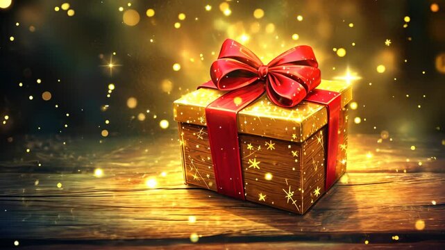 Glowing gift box with red bow on wooden table amidst sparkling lights