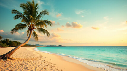 Obraz premium A lone palm leans over a tranquil shore