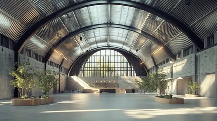 Empty modern industrial hangar interior with large open space and metal ceiling 3D Rendering