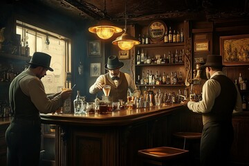 A vintage speakeasy bar from the Prohibition era, dim lighting, men in fedoras, a bartender mixing a classic cocktail