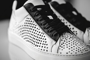 Close-up of stylish white leather sneakers with black polka dot pattern and black laces.