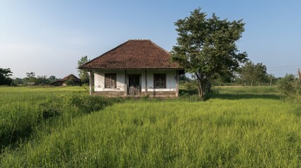 Fototapeta premium Rustic house in a rice paddy field under a clear sky.
