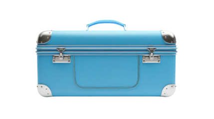 Light blue suitcase closed with metal details on transparent background
