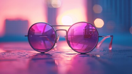 A Pair of Round Sunglasses with Pink Lenses on a City Street at Sunset