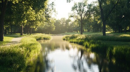 Serene sunrise over a tranquil park stream, sunlight filtering through lush green trees and tall grass.