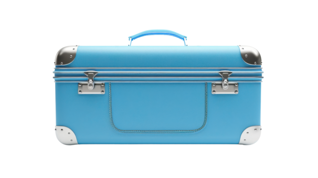 Light blue suitcase closed with metal details on transparent background