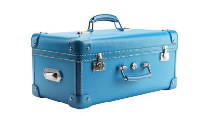 Light blue vintage suitcase closed with metal locks on transparent background