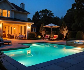 Luxurious backyard with a glowing pool, cozy seating, and warm ambient lighting at night