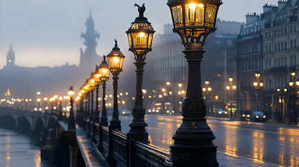 Fototapeta premium Historic City Bridge Lined With Decorative Lamps Reflecting Light Over Wet Road During Twilight in Paris