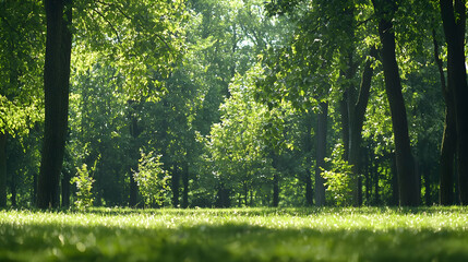 Obraz premium Lush Green Forest Scene with Sunlight Filtering Through Tree Canopy creating a Peaceful Tranquil Environment
