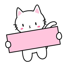 Cute White Cat Holding Blank Sign Board – Kawaii Cartoon Illustration for Custom Text or Messages