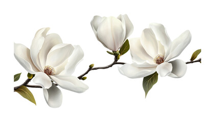 Obraz premium Beautiful white magnolia blossoms on branch with green leaves, cut out