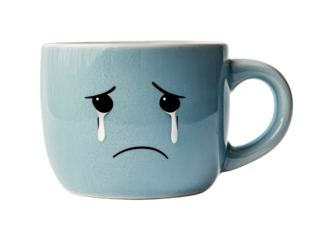 Blue mug with sad facial expression and tearful eyes, cut out