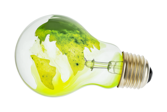 Sustainable green energy concept with world map inside light bulb, cut out