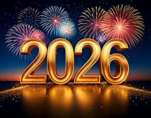 Glitzernde goldene 2026 mit funkelndem Feuerwerk – Neujahrsstimmung pur