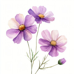 Watercolor hand-painted pink and purple Cosmos branch with leaf on a white background, flat watercolor painting, simple design, isolated on a white background, illustration, AI painting design, AI