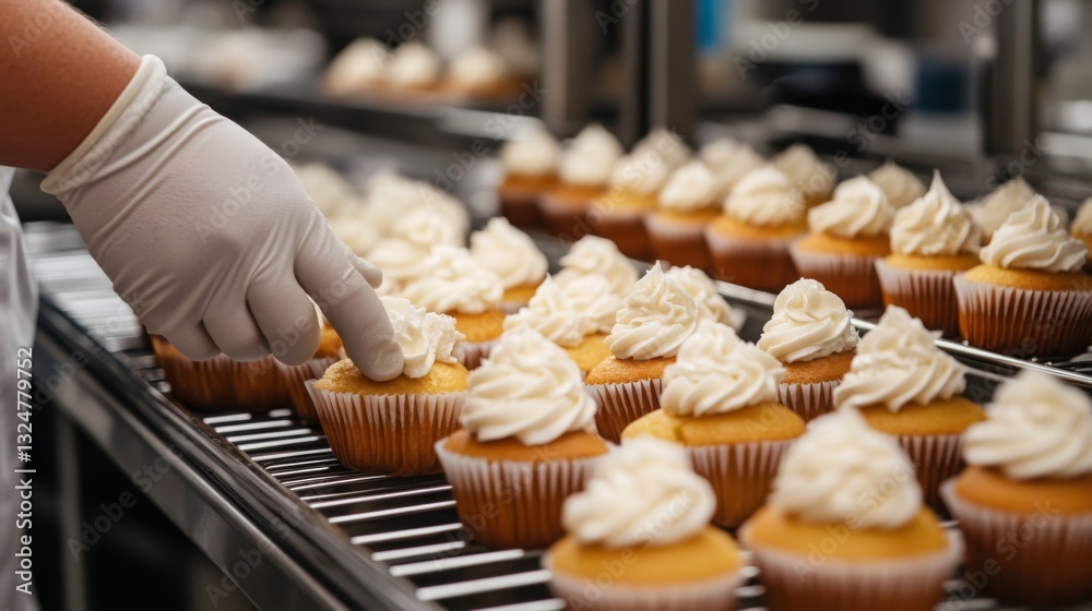 Fototapete a skilled worker is applying frosting to freshly baked cupcakes on a production line using ai techno
