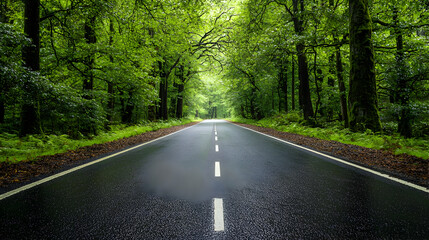 Obraz premium Empty Asphalt Road Through Dense Green Forest with Sunlight Streaming Through Canopy Creating Atmospheric Scenic Landscape