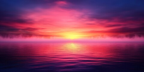 A breathtaking sunset paints the sky in vibrant pink and purple hues, reflecting beautifully on the calm ocean waters below.