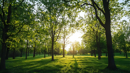 Naklejka premium Lush Green Trees in Sunlight Casting Long Shadows on Grass with Bright Sunshine in Forest Park