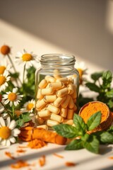 Natural supplements in a glass jar with herbal accompaniments for a holistic approach to wellness.