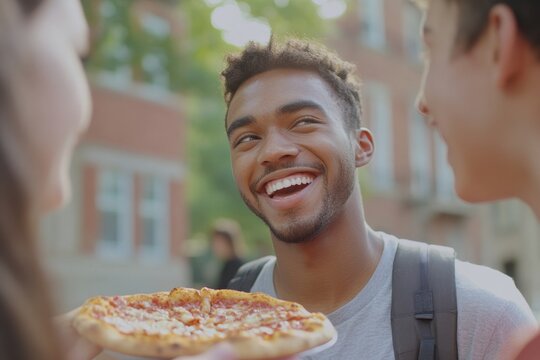 Students enjoying pizza outdoors while sharing laughter and creating memories together, happy students having fun while sharing and eating pizza